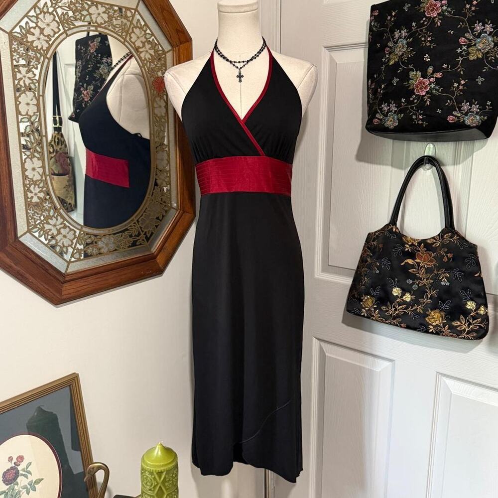 VTG Y2K IN San Francisco Black & Red Satin Lined High-Low Halter Neck Dress M